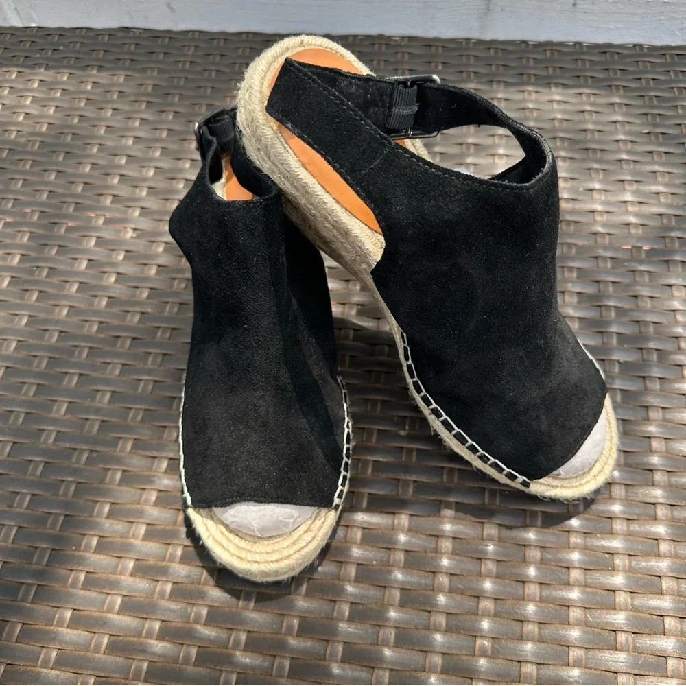 New GAP Black Suede Leather Espadrille Raffia Wedge Sandals, Size 11, Open Toe